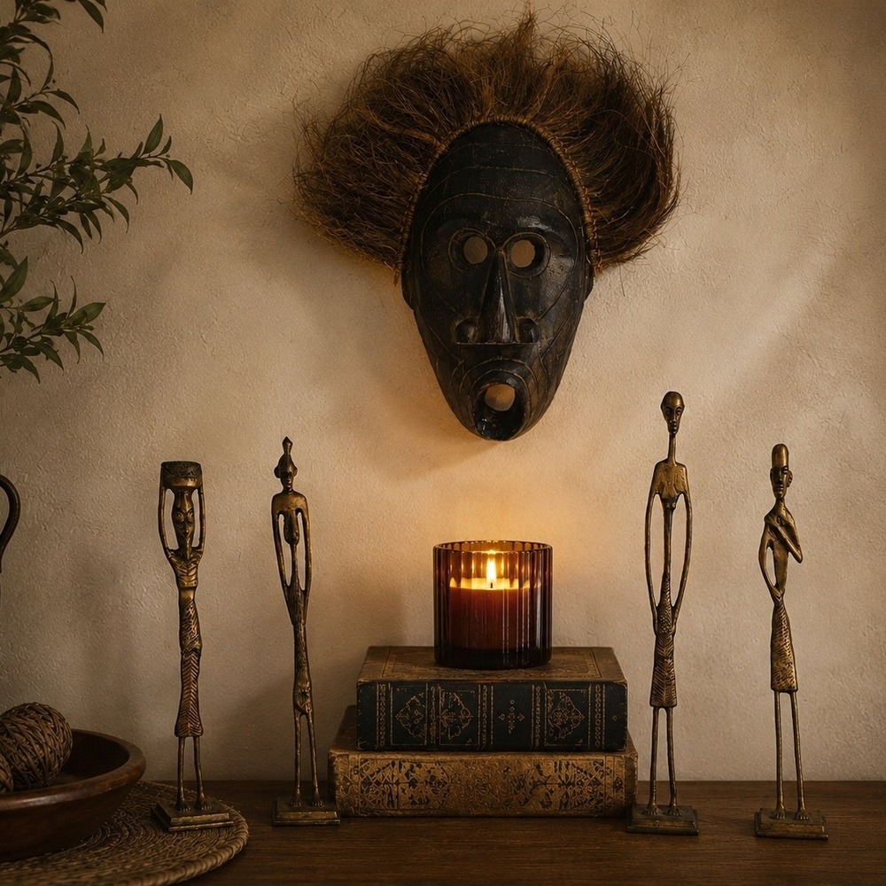 Vintage African Tribal Mask Guéré Attributed Carved Wood Fiber Hair Wall Art
